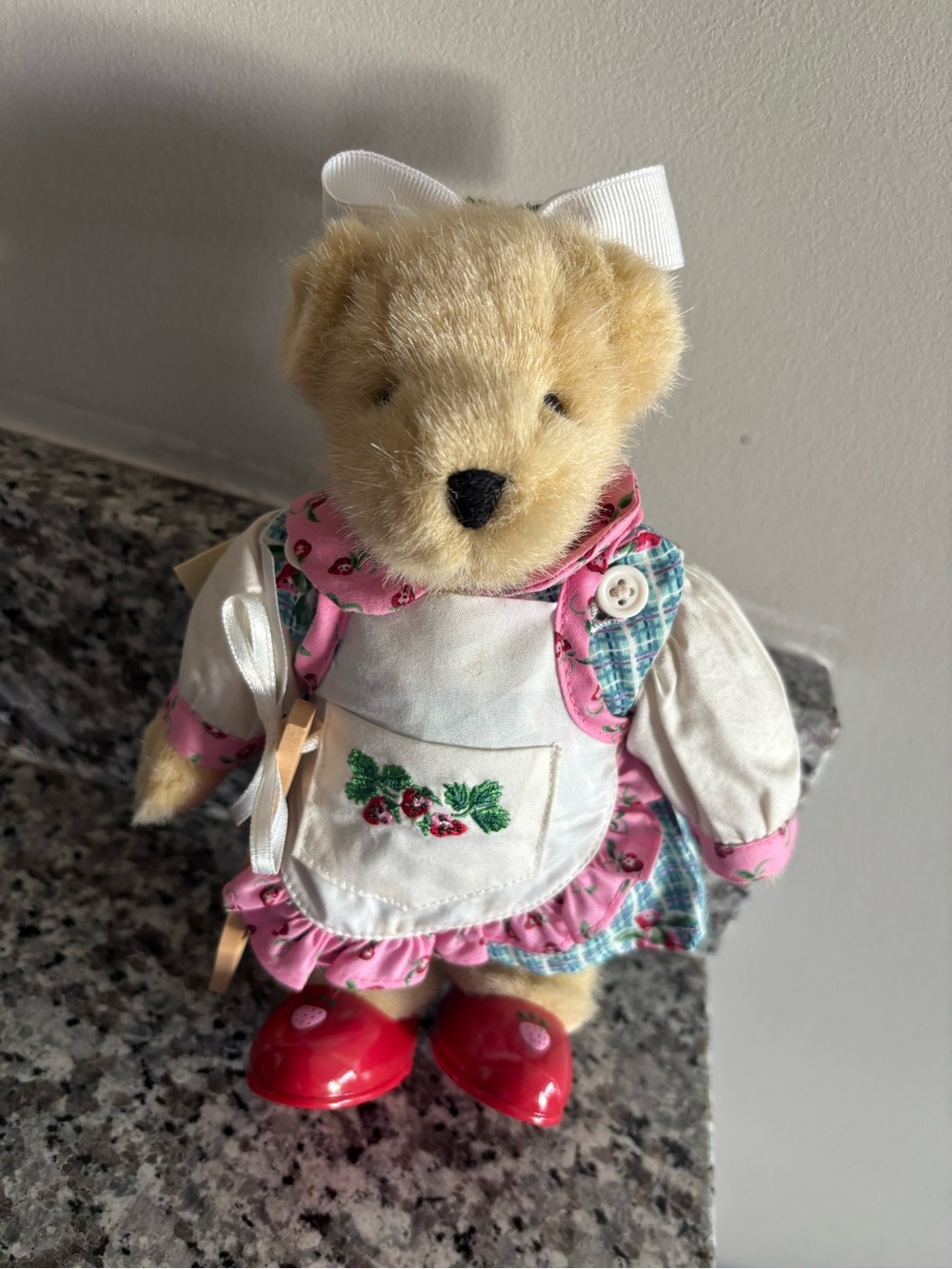 Muffy Classic Plush Bear in Cream with Pink Dress and Red Shoes